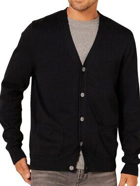 Amazon Essentials Men's V-Neck Cotton Cardigan Sweater, Black, Large, EUC